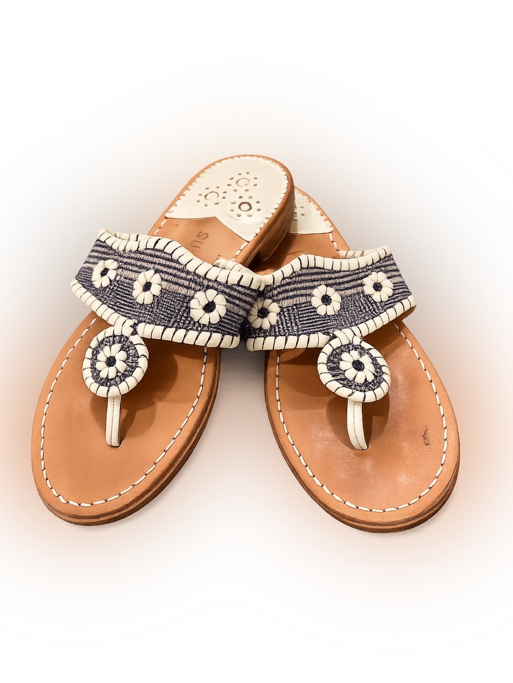 Jack Rogers Cream Navy Plaid Leather Thong Sandals Women’s Sz 9M Preppy Coastal